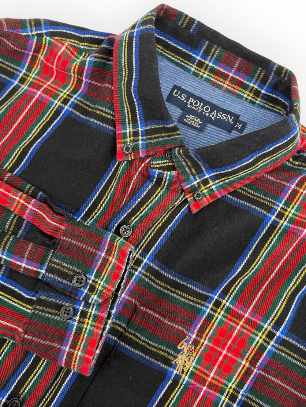 US Polo Assn Black Stewart Tartan Plaid Flannel Button Down Shirt Mens Med Soft